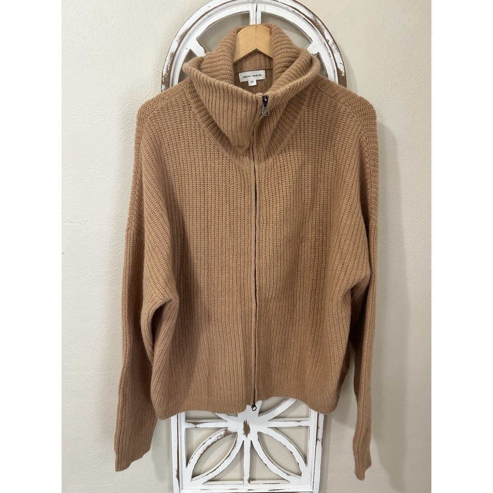 Spring + Mercer XLARGE Camal Ribbed Knit Cashmere Full Zip Cozy Sweater Cardigan